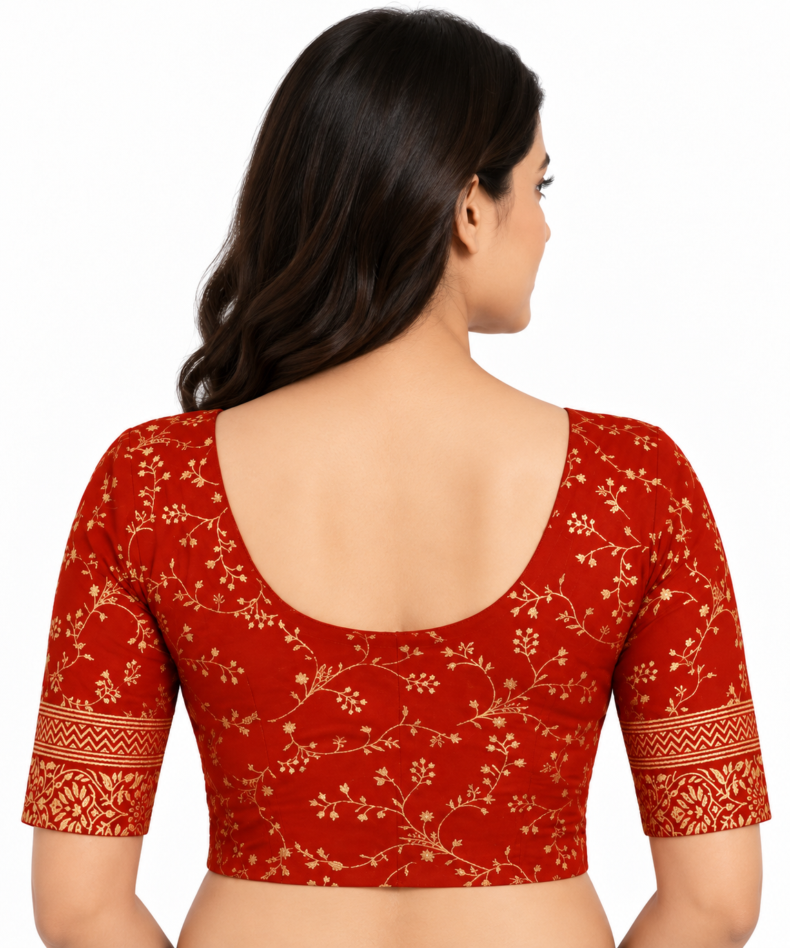 2 Pcs Stretchable Cotton Saree Blouse, Crop Top, Red and Black Elbow Sleeves Blouse — red back view