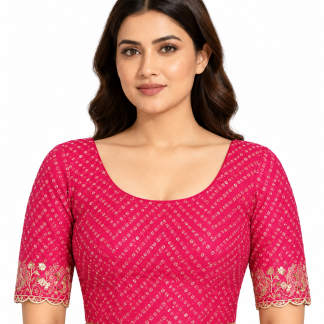Hot Pink Stretch Cotton Saree Blouse, Ethnic Party Wear Crop Top — hot pink front view