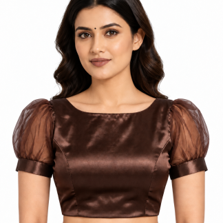 Brown Taffeta Silk Boat Neck Saree Blouse with Puffed Net Sleeves — front view