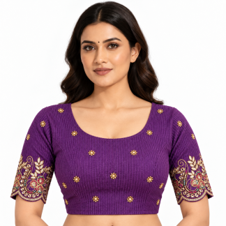 Stretch Lycra Saree Blouse, Floral Sequin Embroidery, Round Neck Short Sleeve Choli, 4 Colors — purple front view