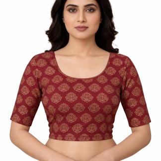 Stretchable Ajrakh Cotton Saree Blouse, Multi color Elbow Sleeves Crop Top Sari Blouse (S-XXL) — design 1 front view