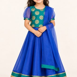 Girls Blue Lehenga Choli, Readymade Kids Indian Ehinic Wear, Pogal Pattu Pavadai — front view