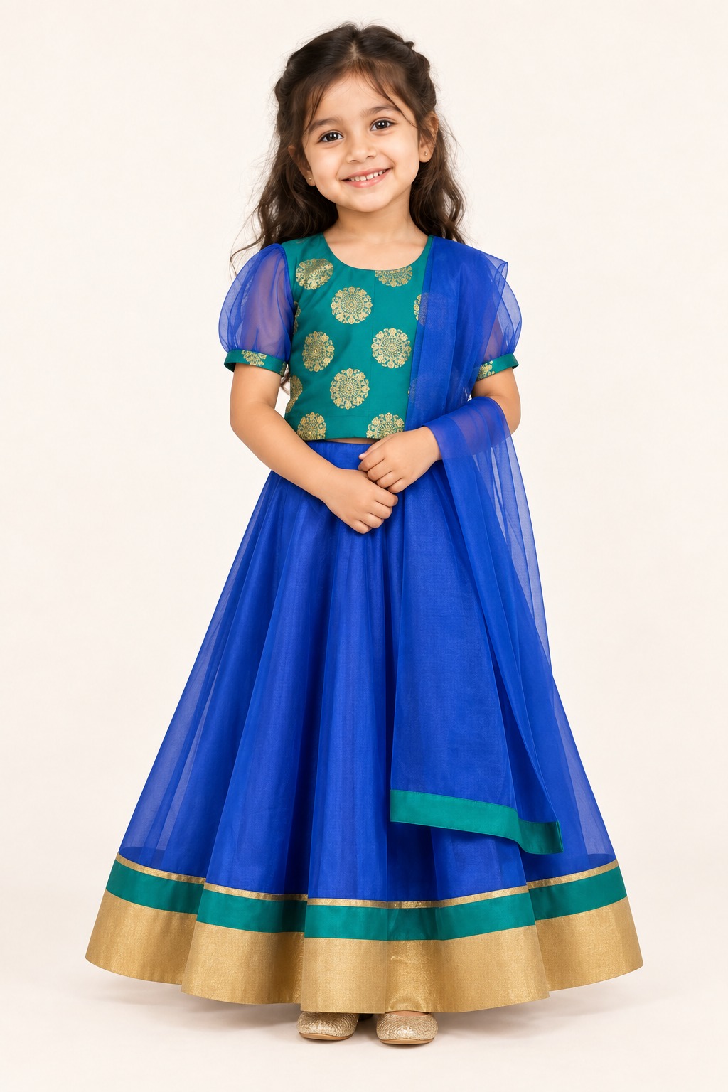 Girls Blue Lehenga Choli, Readymade Kids Indian Ehinic Wear, Pogal Pattu Pavadai — front view