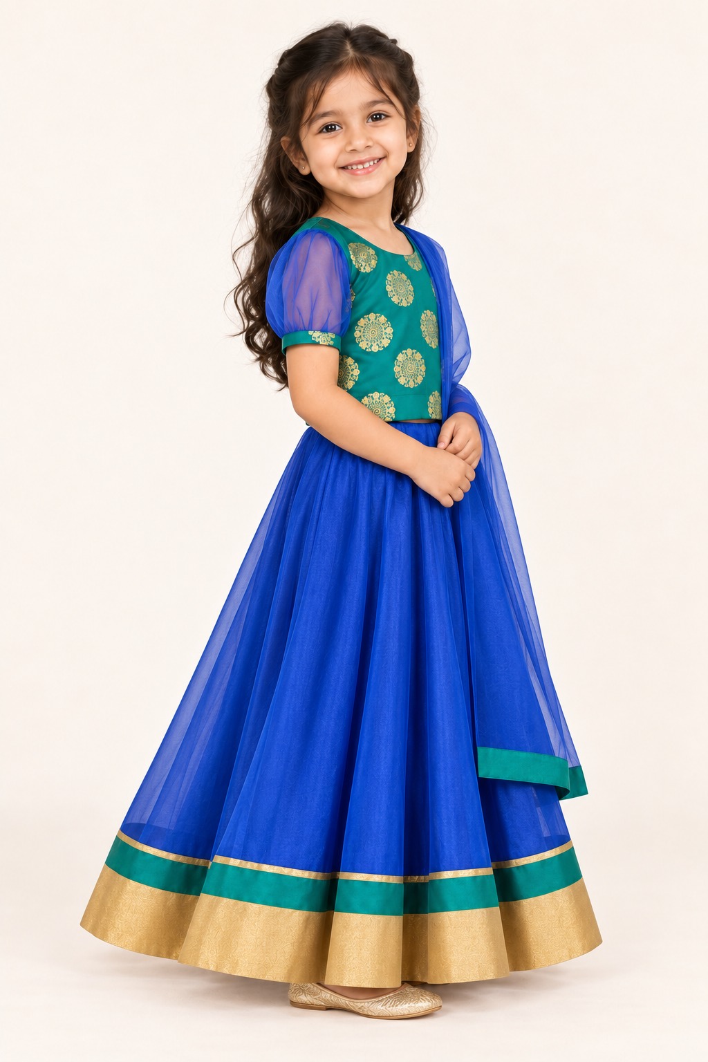 Girls Blue Lehenga Choli, Readymade Kids Indian Ehinic Wear, Pogal Pattu Pavadai — side view