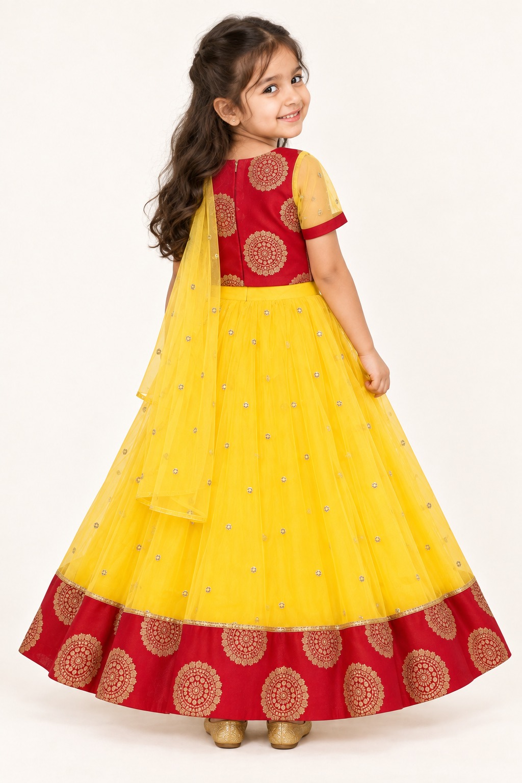 Girls Yellow Lehenga Choli, Readymade Kids Indian Ehinic Wear, South Indian Pattu Pavadai — back view