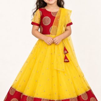 Girls Yellow Lehenga Choli, Readymade Kids Indian Ehinic Wear, South Indian Pattu Pavadai — front view