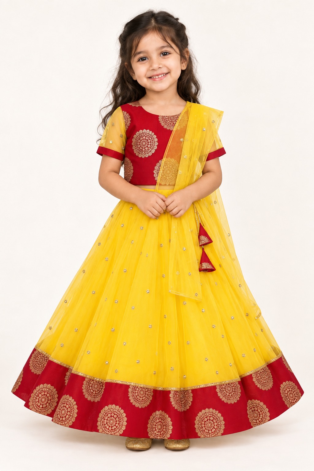 Girls Yellow Lehenga Choli, Readymade Kids Indian Ehinic Wear, South Indian Pattu Pavadai — front view