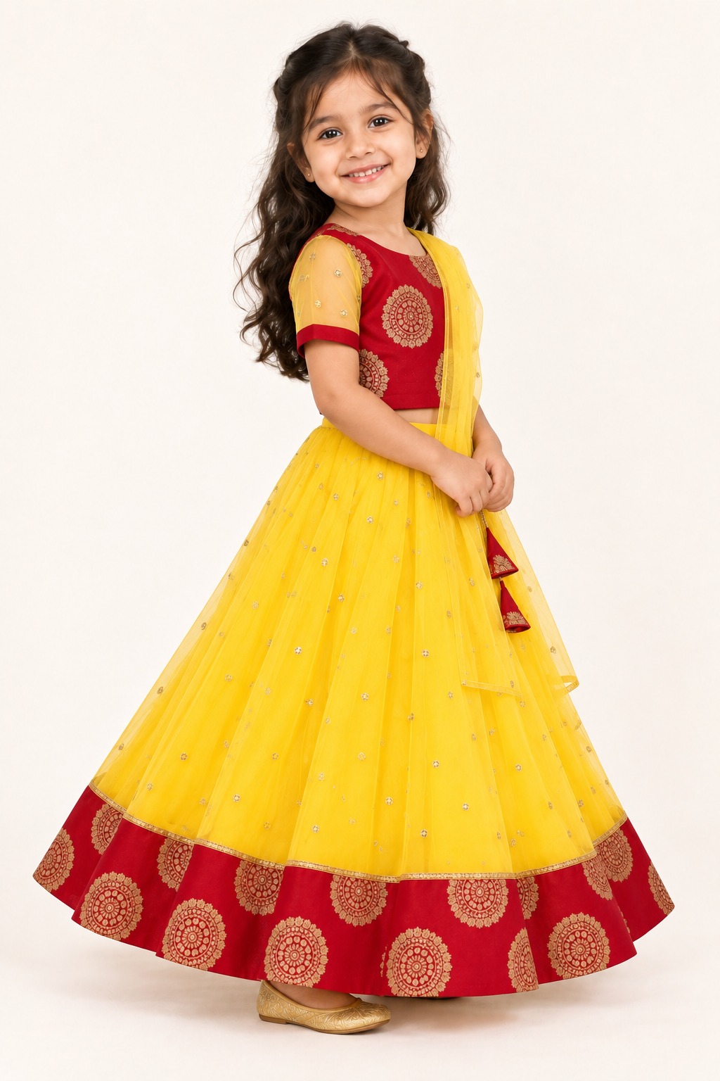 Girls Yellow Lehenga Choli, Readymade Kids Indian Ehinic Wear, South Indian Pattu Pavadai — side view