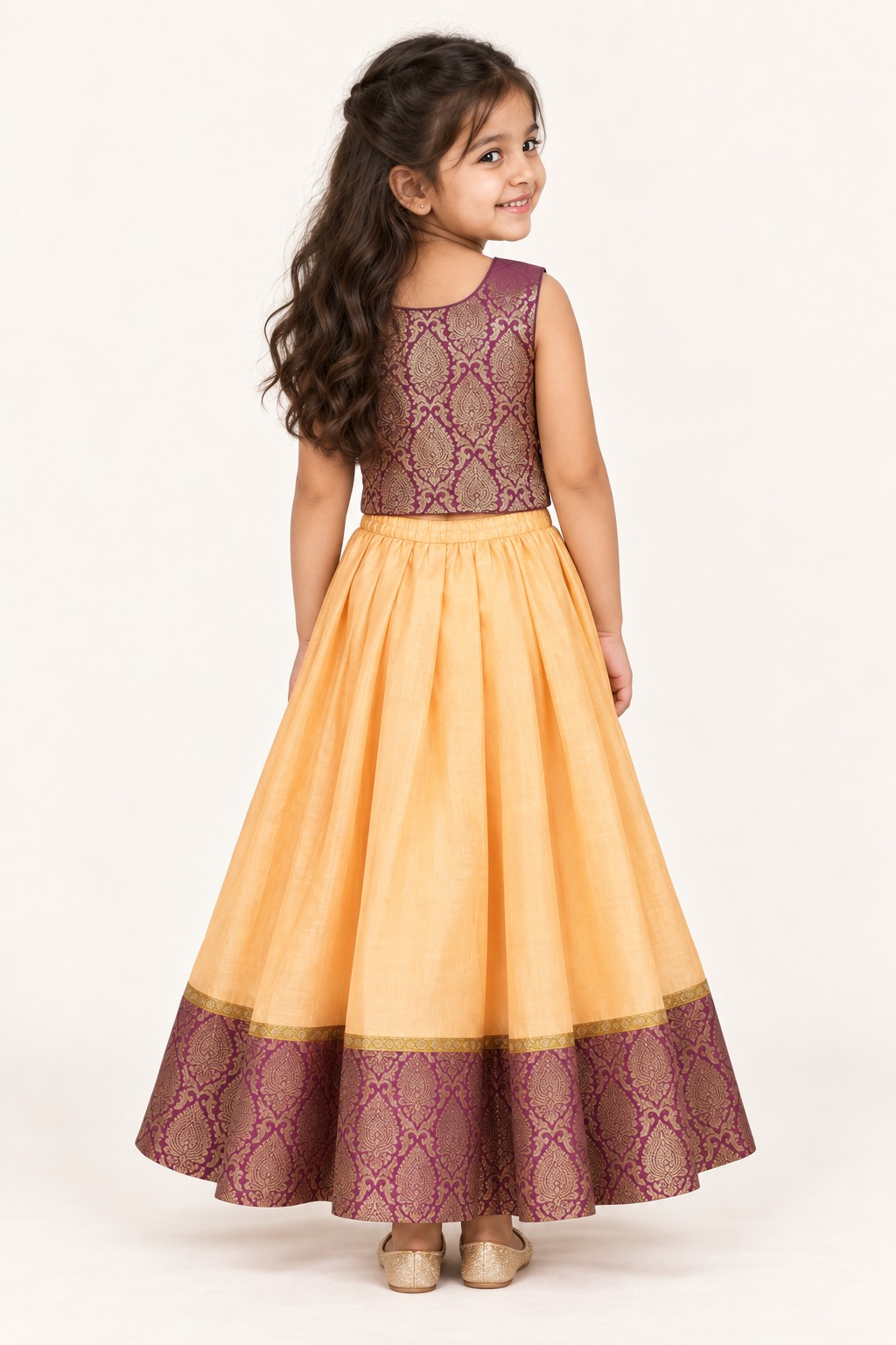 Peach and Magenta Girls Lehenga Choli, Readymade Kids Indian Ehinic Wear — back view