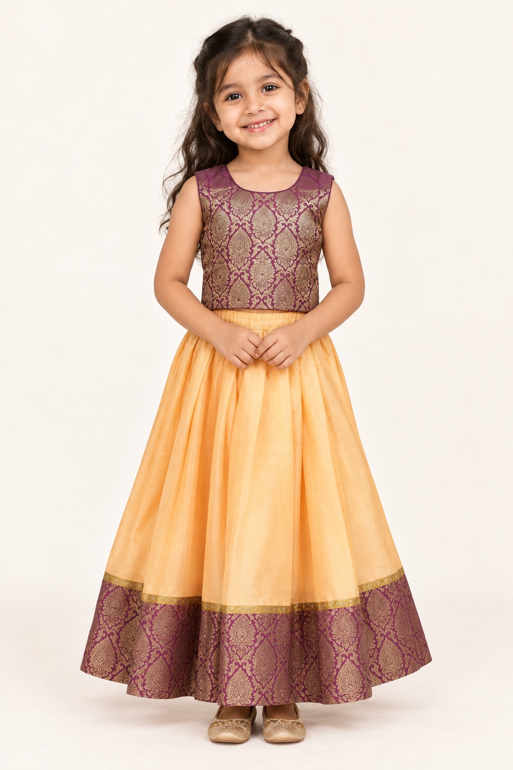 Peach and Magenta Girls Lehenga Choli, Readymade Kids Indian Ehinic Wear — front view