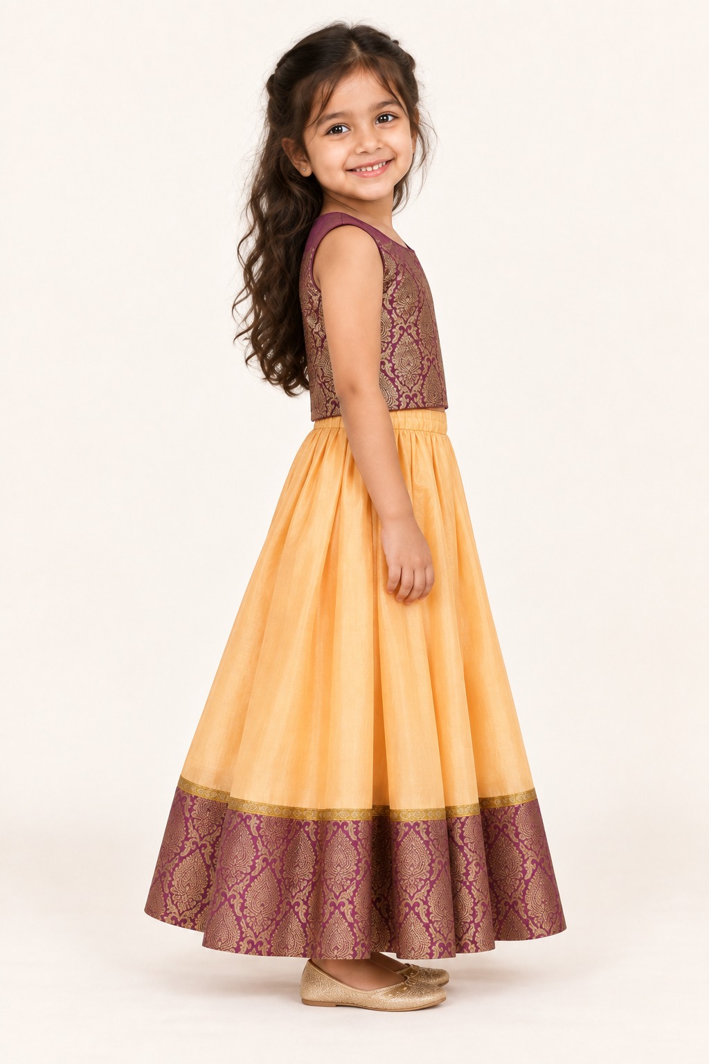 Peach and Magenta Girls Lehenga Choli, Readymade Kids Indian Ehinic Wear — side view