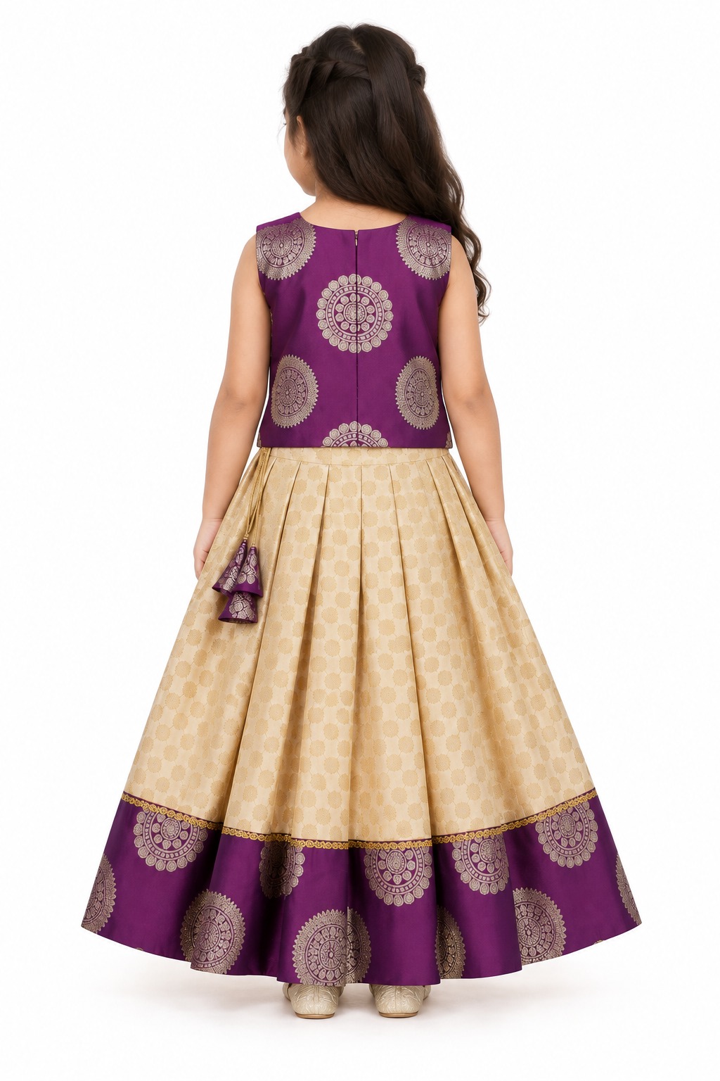 Readymade Girls Lehenga Choli, Gold and Magenta Kids Ehinic Wear South Indian Pattu Pavadai — back view