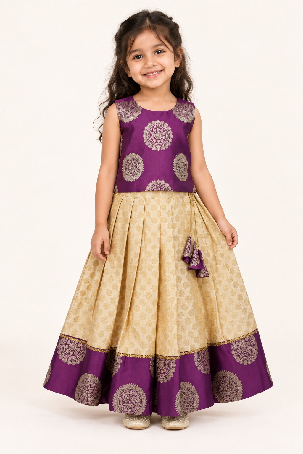 Readymade Girls Lehenga Choli, Gold and Magenta Kids Ehinic Wear South Indian Pattu Pavadai — front view