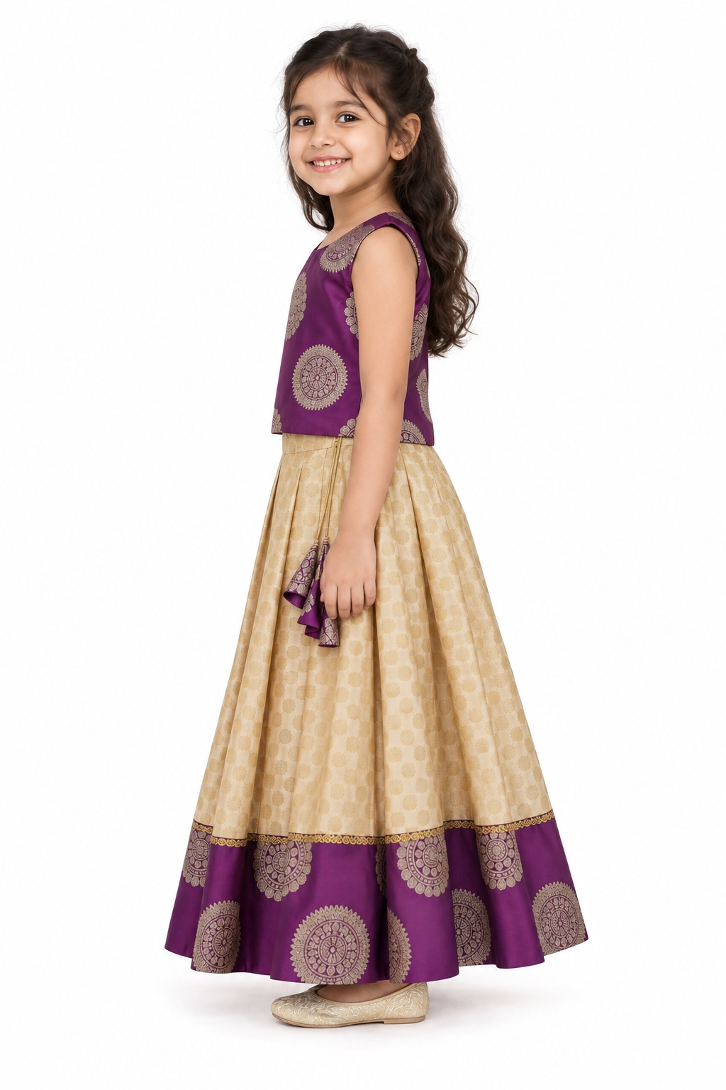 Readymade Girls Lehenga Choli, Gold and Magenta Kids Ehinic Wear South Indian Pattu Pavadai — side view