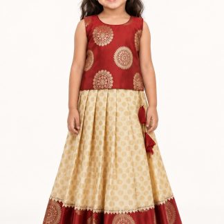Readymade Girls Lehenga Choli, Gold and Maroon Kids Ehinic Wear South Indian Pattu Pavadai — front view