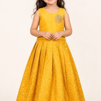 Yellow Girls Lehenga Choli, Kids Ehinic Wear South Indian Pattu Pavadai — front view