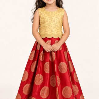 Readymade Maroon Girls Lehenga Choli, Kids Ehinic Wear South Indian Pattu Pavadai — front view