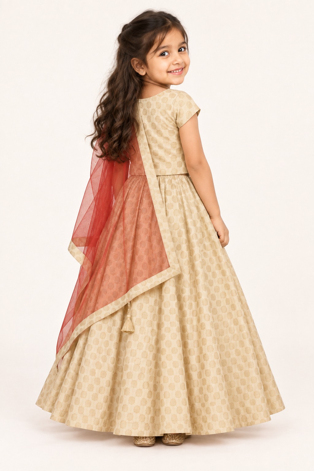 Readymade Girls Pink Lehenga Choli, Kids Ehinic Wear South Indian Pattu Pavadai — back view