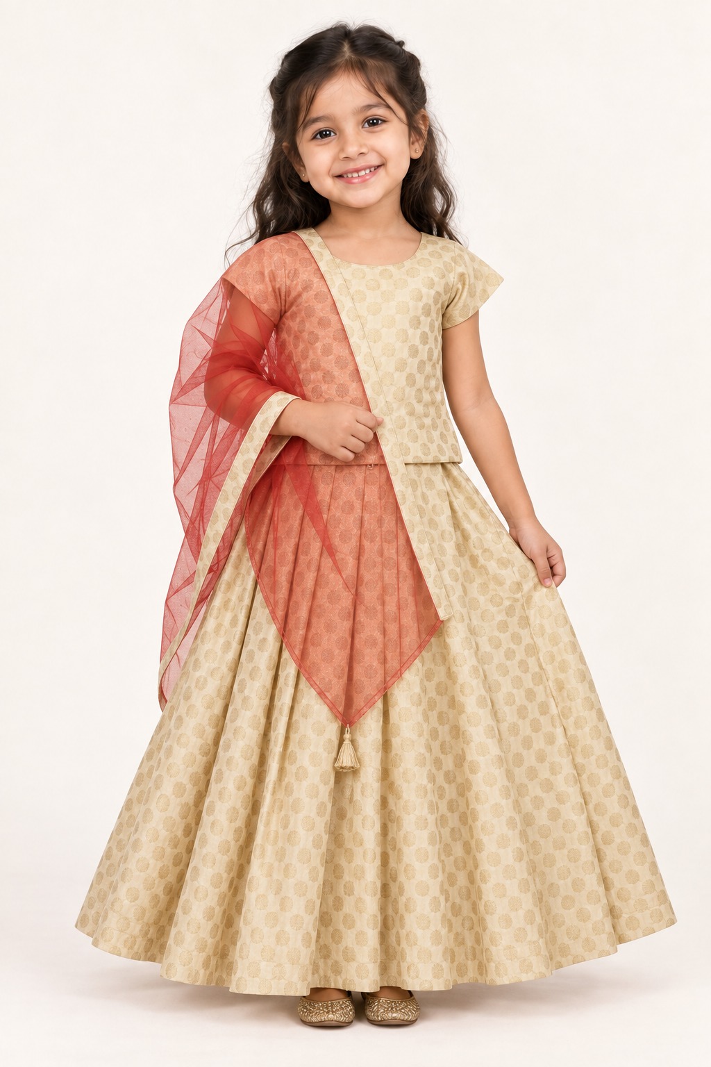 Readymade Girls Pink Lehenga Choli, Kids Ehinic Wear South Indian Pattu Pavadai — front view
