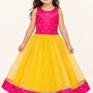 Girls Yellow and Pink Lehenga Choli, Kids Indian Ehinic Wear, South Indian Pattu Pavadai — front view