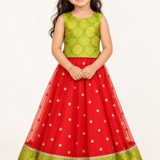 Girls Red Lehenga Choli, Readymade Kids Indian Ethnic Wear, South Indian Pattu Pavadai — front view