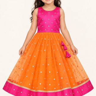 Girls Orange and Pink Lehenga Choli, Kids Indian Ethnic Wear, South Indian Pattu Pavadai — front view