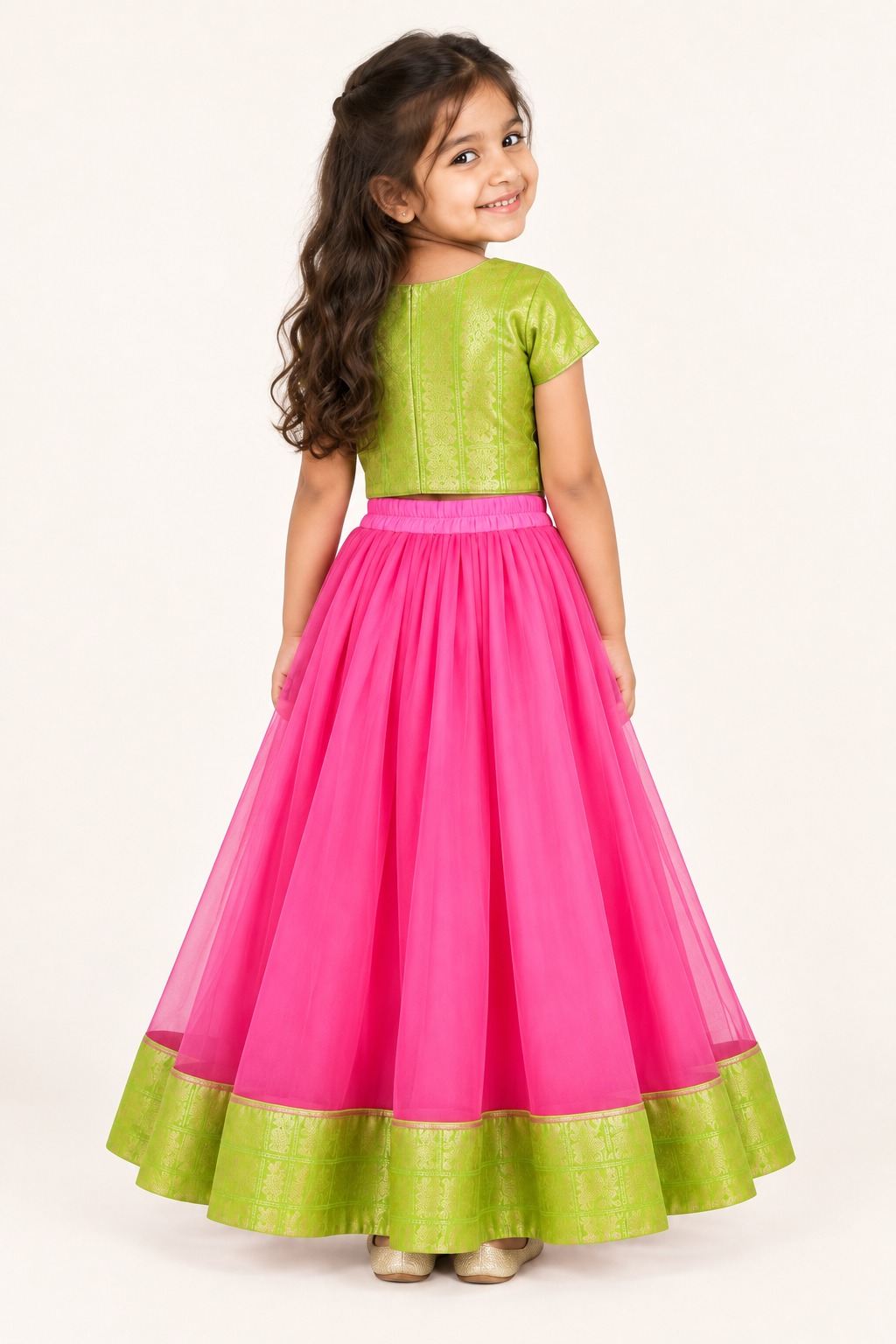 Girls Pink Lehenga Choli, Readymade Kids Indian Ethnic Wear, South Indian Pattu Pavadai — back view