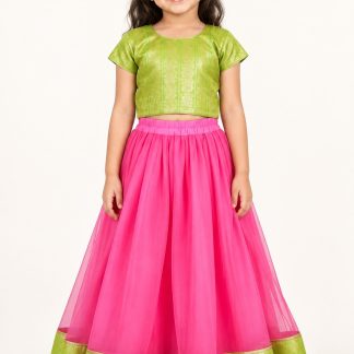 Girls Pink Lehenga Choli, Readymade Kids Indian Ethnic Wear, South Indian Pattu Pavadai — front view