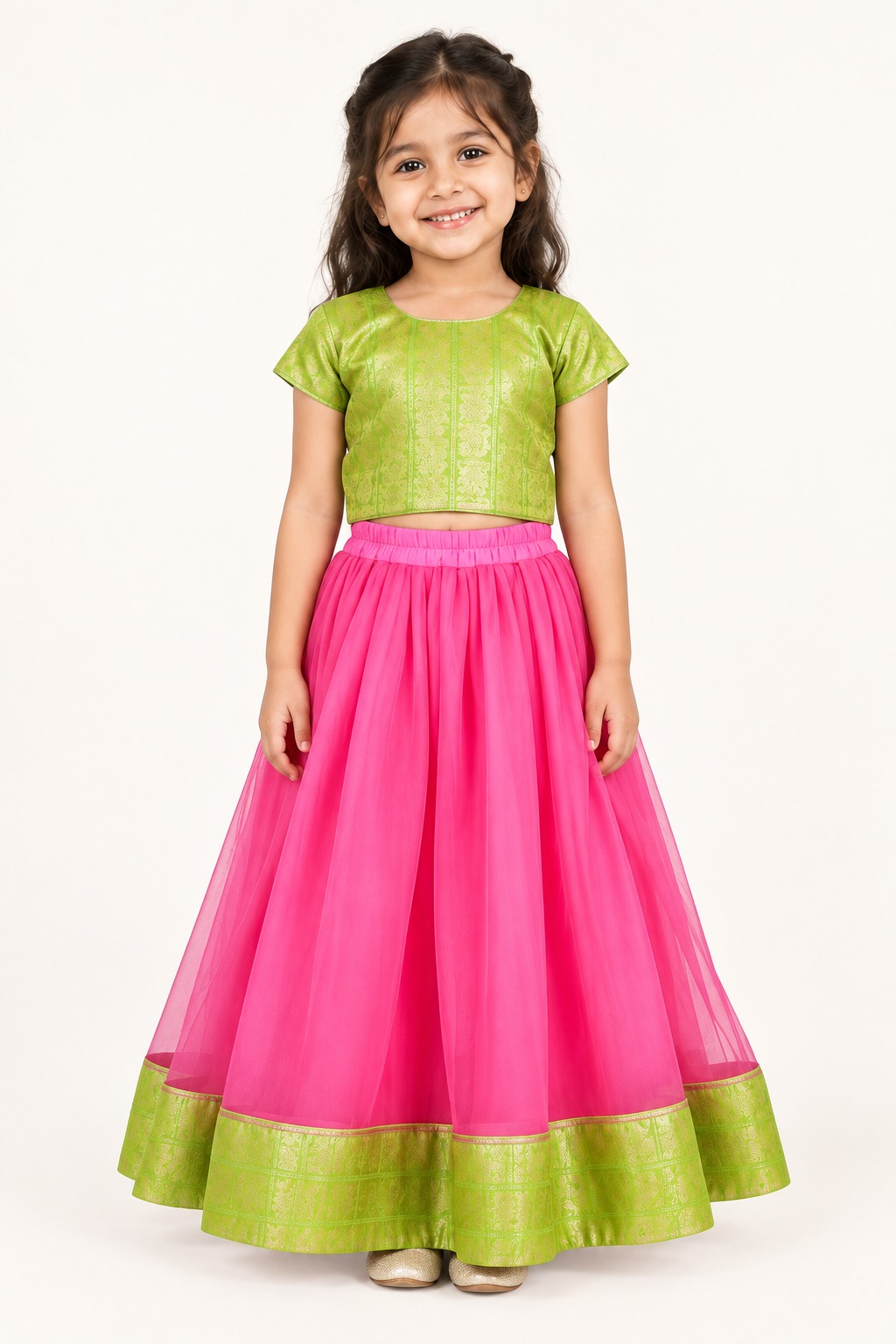 Girls Pink Lehenga Choli, Readymade Kids Indian Ethnic Wear, South Indian Pattu Pavadai — front view