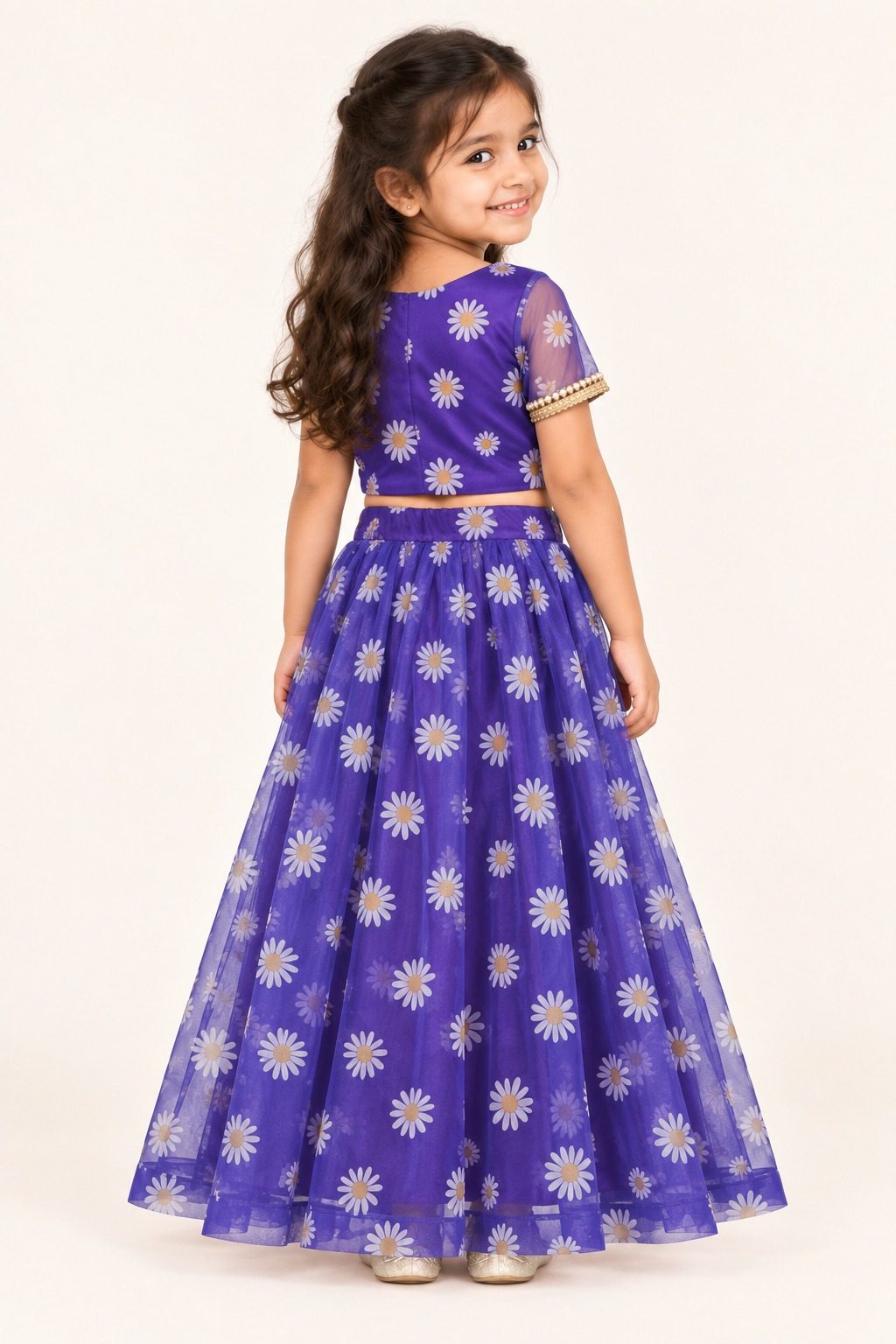 Girls Purple Organza Lehenga Choli, Readymade Kids Indian Ethnic Wear, New Born Festive Dress — back view