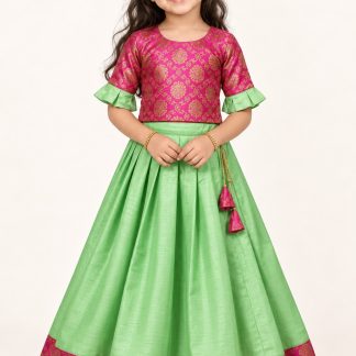 Readymade Girls Lehenga Choli, Light Green Kids Ehinic Wear South Indian Pattu Pavadai — front view