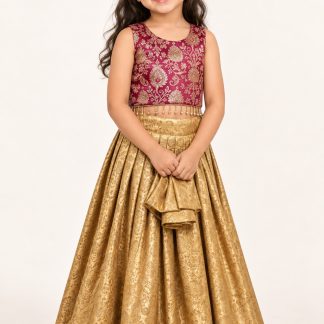 Readymade Kids Indian Ethnic Wear, Gold and Magenta Banarasi Silk Girls Lehenga Choli — front view