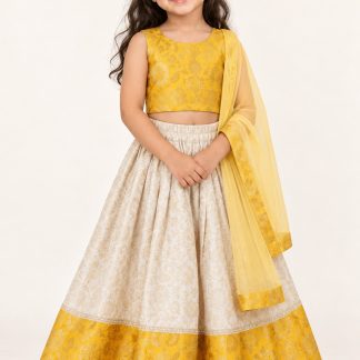 Readymade Kids Indian Traditional Festive Wear, Yellow Banarasi Silk Girls Lehenga Choli, Pattu Pavadai — front view