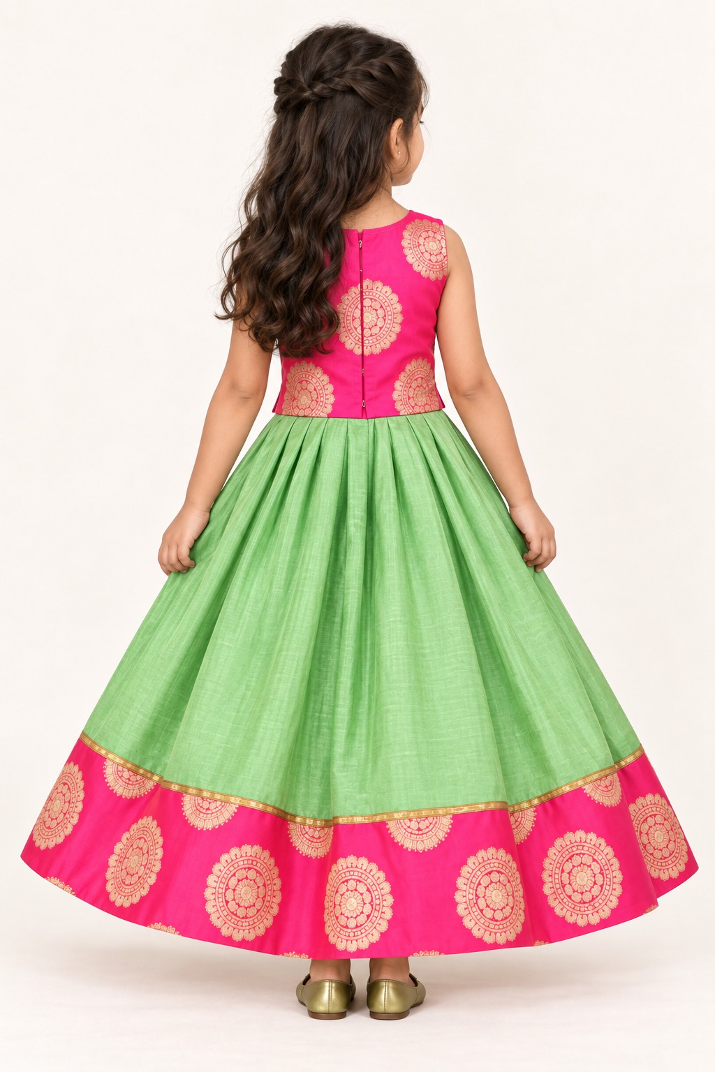 Traditional Girls Pink Lehenga Choli, Kids Ehinic Wear South Indian Pattu Pavadai — back view