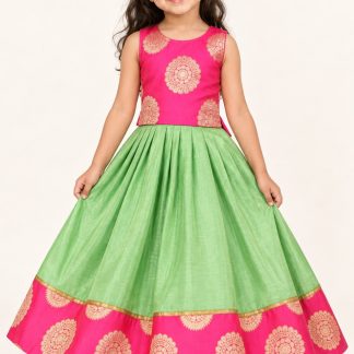 Traditional Girls Pink Lehenga Choli, Kids Ehinic Wear South Indian Pattu Pavadai — front view