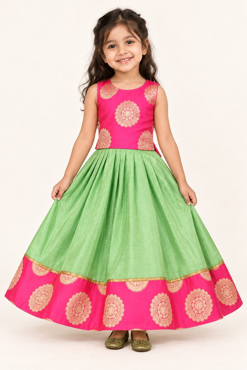 Traditional Girls Pink Lehenga Choli, Kids Ehinic Wear South Indian Pattu Pavadai — front view