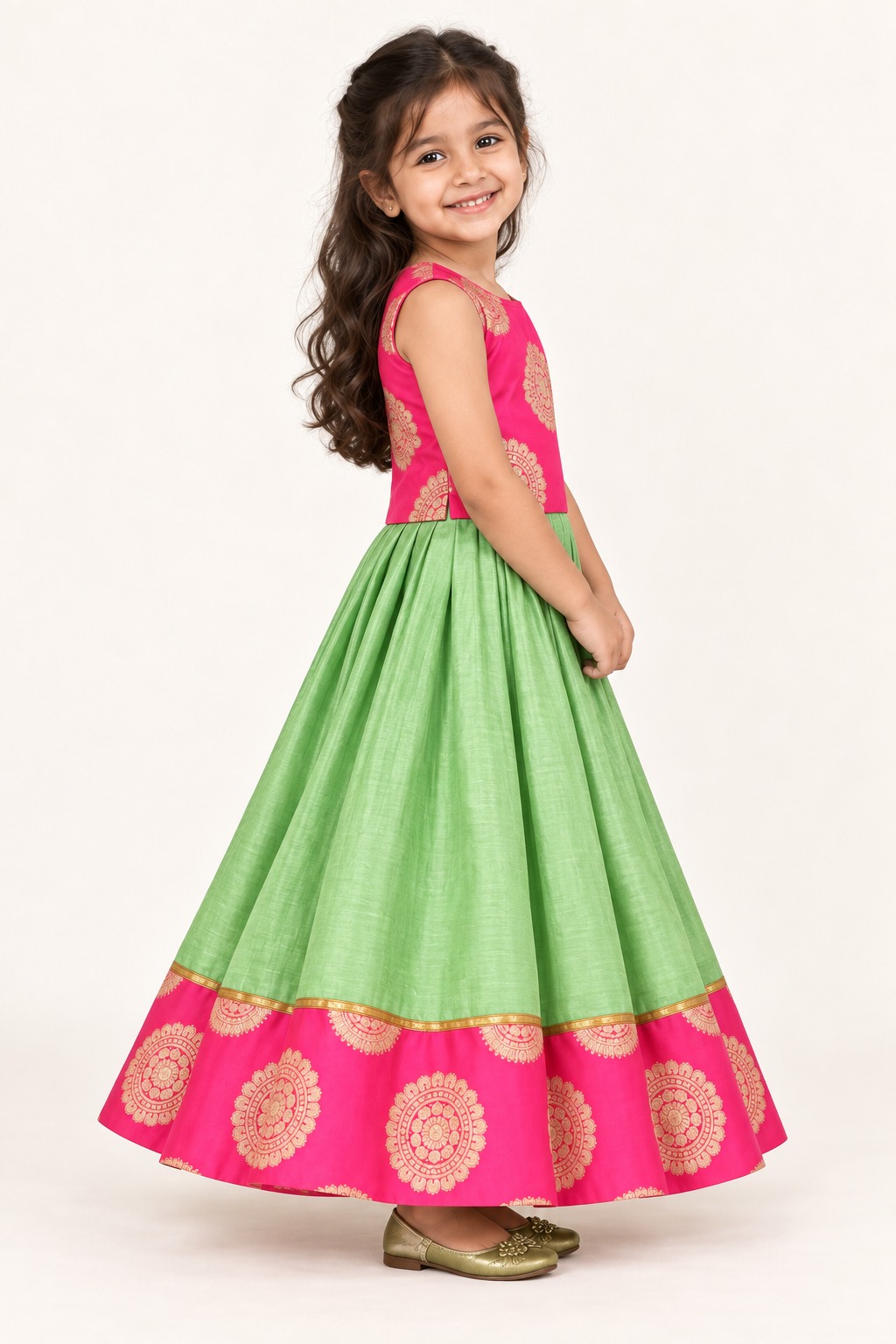 Traditional Girls Pink Lehenga Choli, Kids Ehinic Wear South Indian Pattu Pavadai — side view