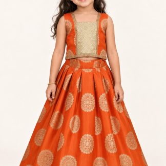 Orange Banarasi Silk Lehenga Choli Set, Kids Ethnic Pattu Pavadai — front view