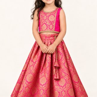 Kids Indian Traditional Festive Wear, Pink Banarasi Silk Girls Lehenga Choli, Pattu Pavadai — front view