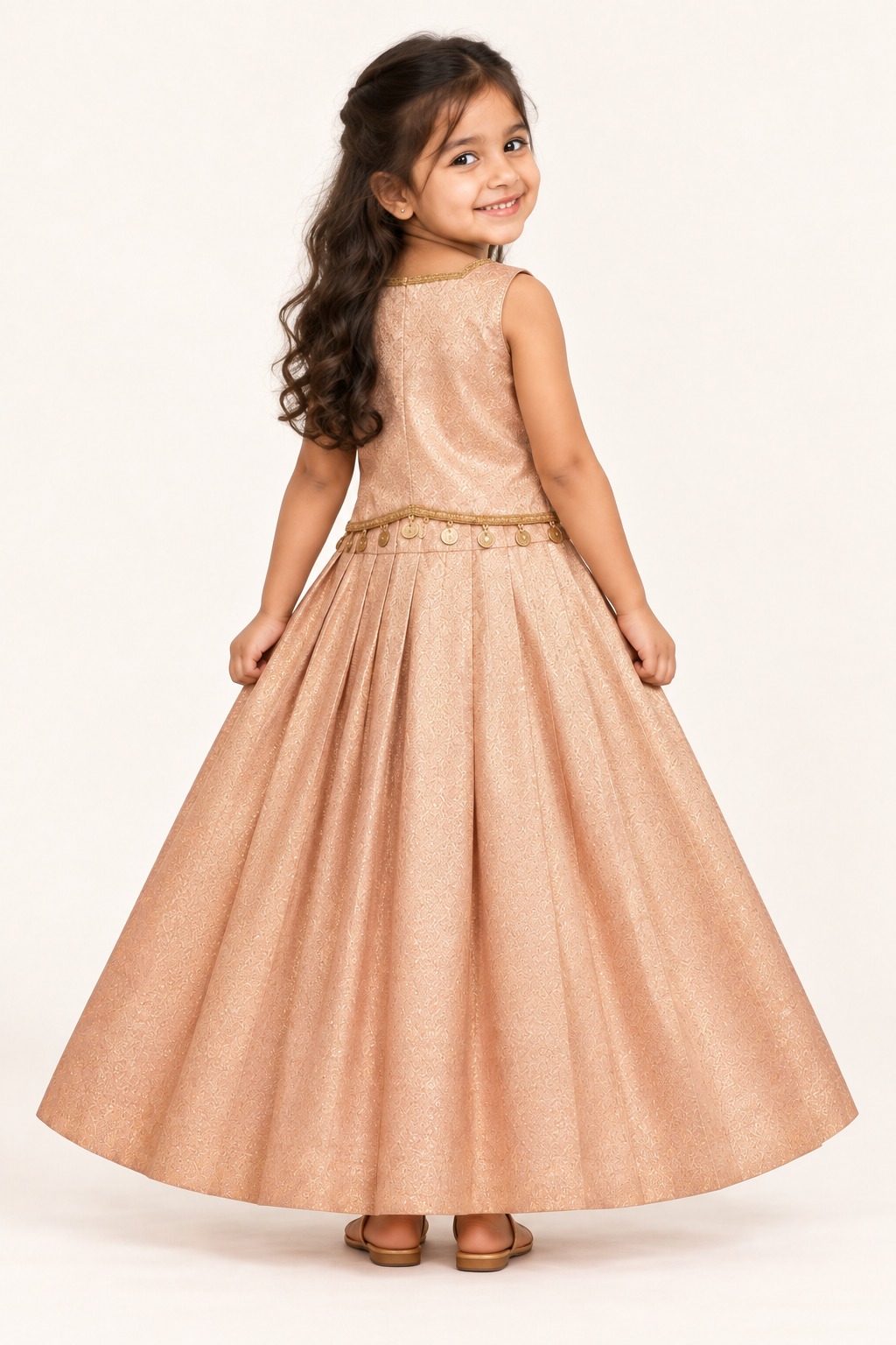 Kids Indian Traditional Festive Wear, Baby Pink Banarasi Silk Girls Lehenga Choli, Pattu Pavadai — back view