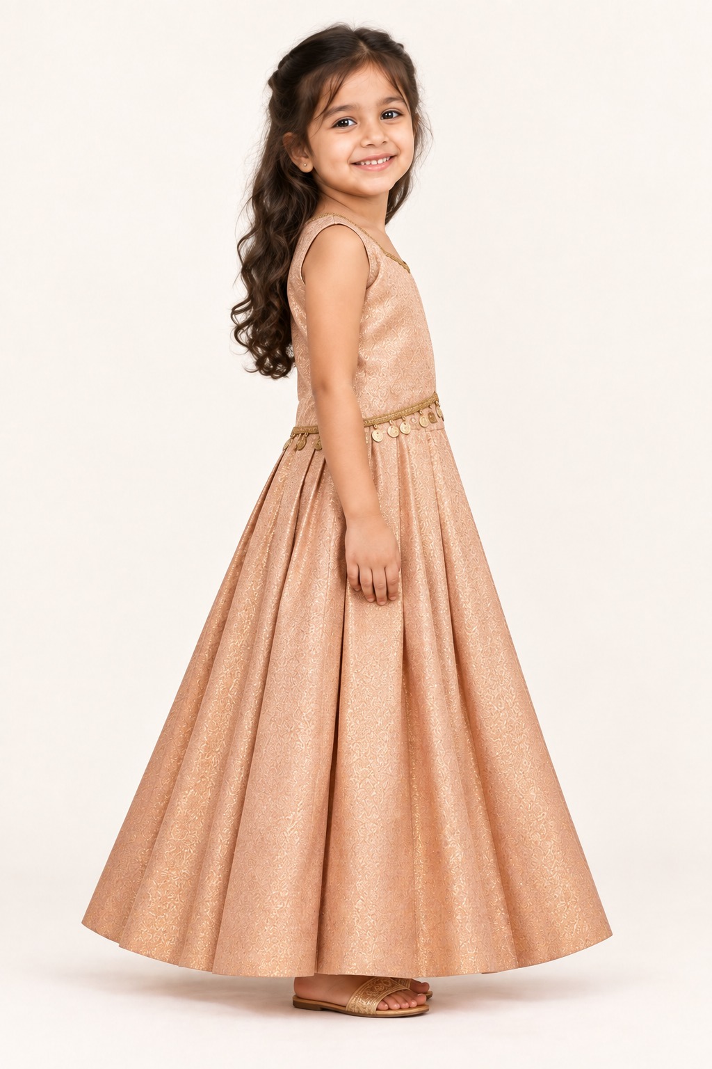 Kids Indian Traditional Festive Wear, Baby Pink Banarasi Silk Girls Lehenga Choli, Pattu Pavadai — side view