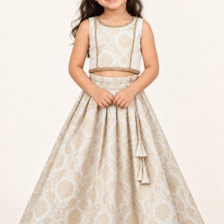 Kids Indian Traditional Festive Wear, White Banarasi Silk Girls Lehenga Choli, Pattu Pavadai — front view