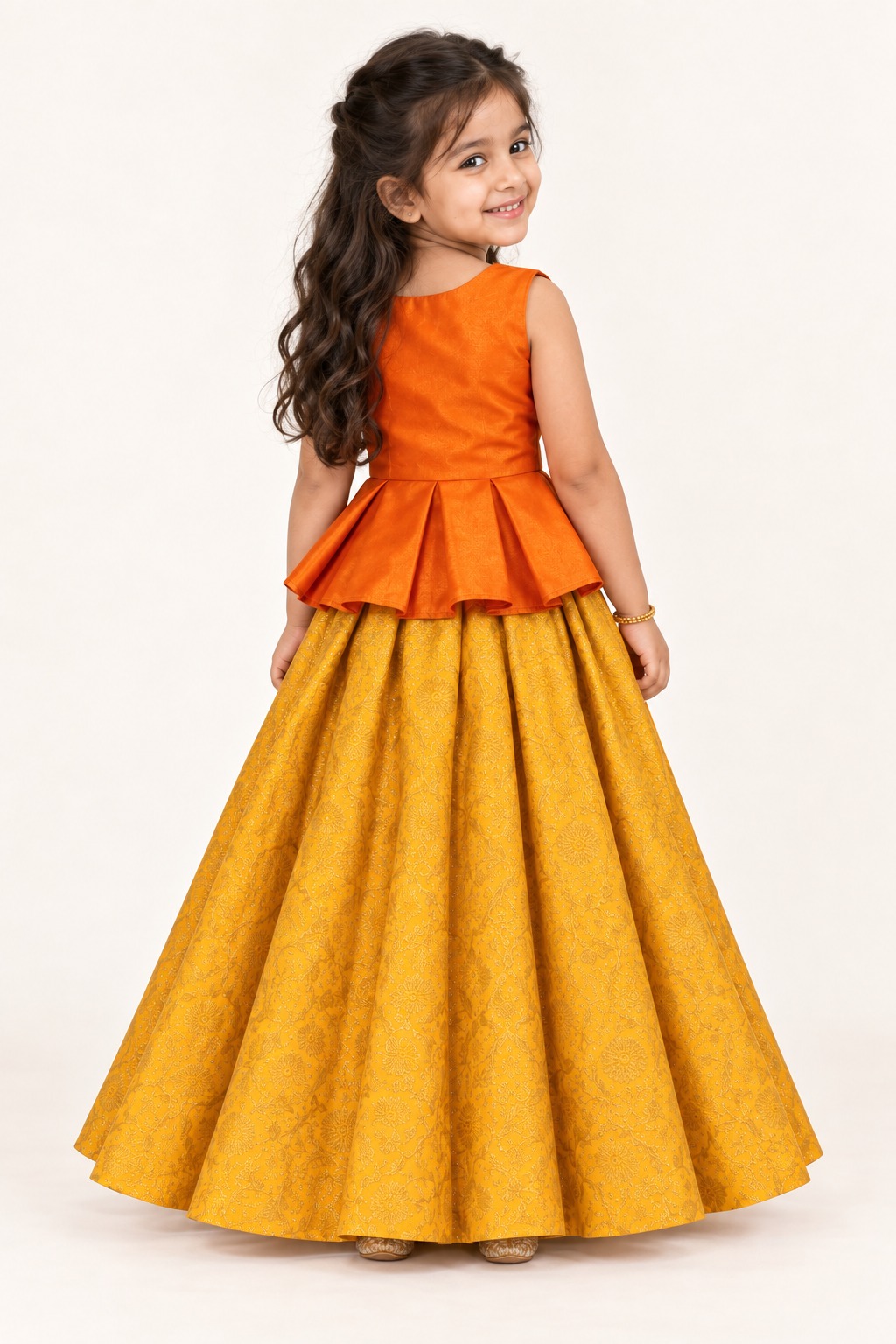 Girls Lehenga Set, Kids Yellow Lehenga Choli With Dupatta, Indian Festive Wedding Party Outfit — back view
