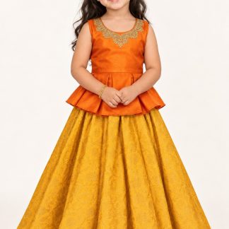 Girls Lehenga Set, Kids Yellow Lehenga Choli With Dupatta, Indian Festive Wedding Party Outfit — front view
