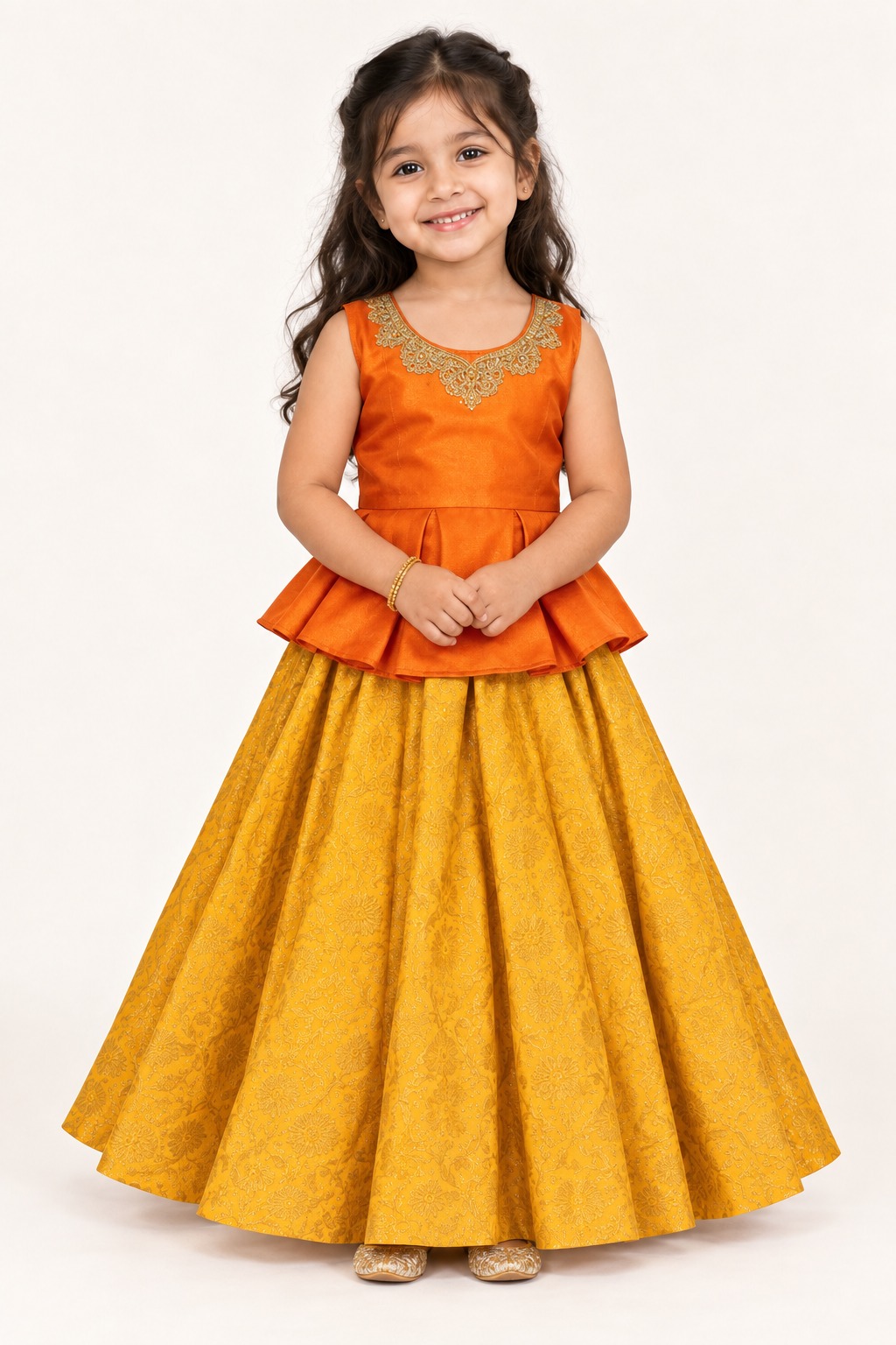 Girls Lehenga Set, Kids Yellow Lehenga Choli With Dupatta, Indian Festive Wedding Party Outfit — front view