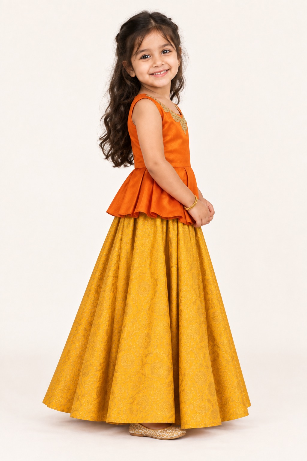 Girls Lehenga Set, Kids Yellow Lehenga Choli With Dupatta, Indian Festive Wedding Party Outfit — side view