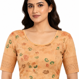 Golden Floral Cotton Saree Blouse, Crop Top, Elbow Sleeves, Party Wear Stretchable Sari Top — golden floral front view