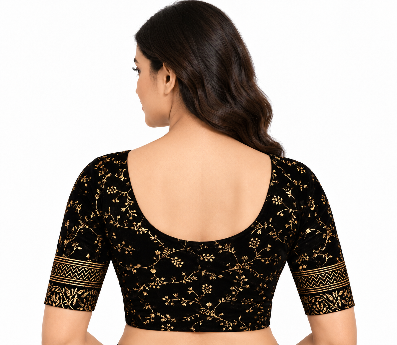 2 Pcs Stretchable Cotton Saree Blouse, Crop Top, Red and Black Elbow Sleeves Blouse — black back view