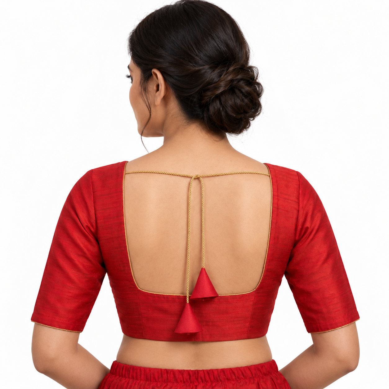 Red Silk Sweetheart Neck Saree Blouse with Front Zipper and Elbow Sleeves — back view