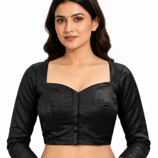 Black Silk Sweetheart Neck Saree Blouse with Three-Quarter Sleeves — front view